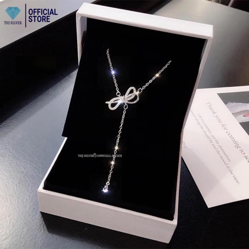 Dây chuyền nữ bạc ta THJ- Dây chuyền nơ tua đá bạc ta đính đá sáng đẹp