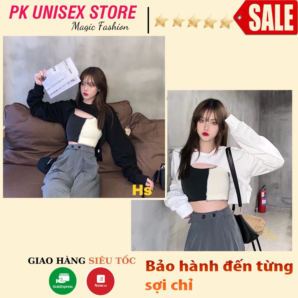 Set Áo Croptop Dài Tay Kèm Áo Trong Đan Màu 2 Màu đen trắng