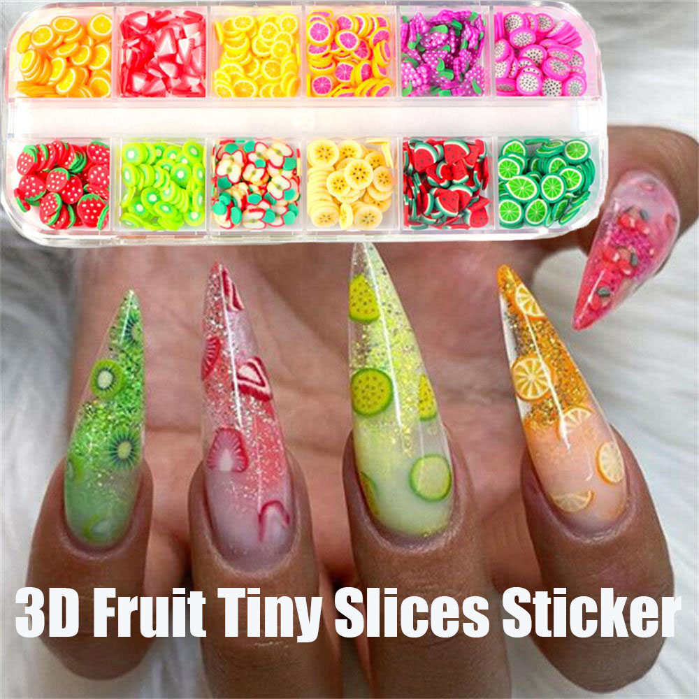 [Hàng mới về] Sticker trang trí móng bằng đất sét polymer hình trái cây 3d 12 kiểu dáng nhiều màu sắc dễ thương DIY