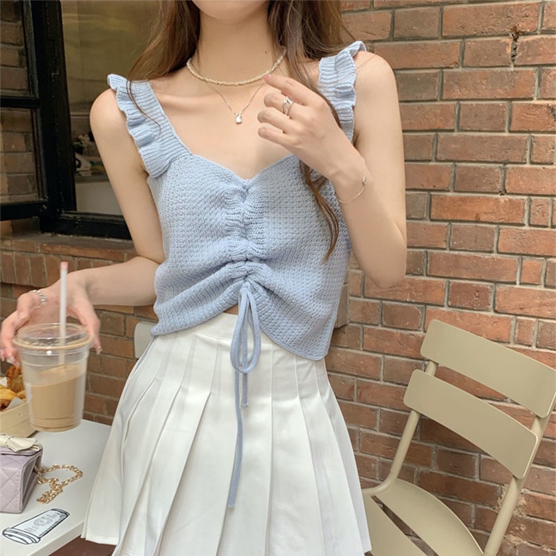 COZOK Áo Tank Top Dệt Kim Sát Nách Cổ Chữ V Phối Dây Rút Gợi Cảm