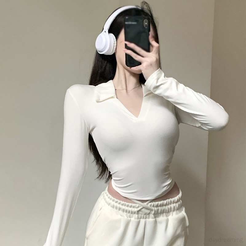 Áo Thun Tay Dài Cổ Chữ V Màu Sắc Đơn Giản Phong Cách Hàn Quốc