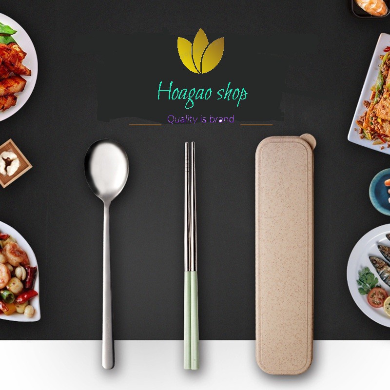 Bộ thìa  đũa inox có hộp đựng bằng nhựa lúa mạch, kèm túi dây rút