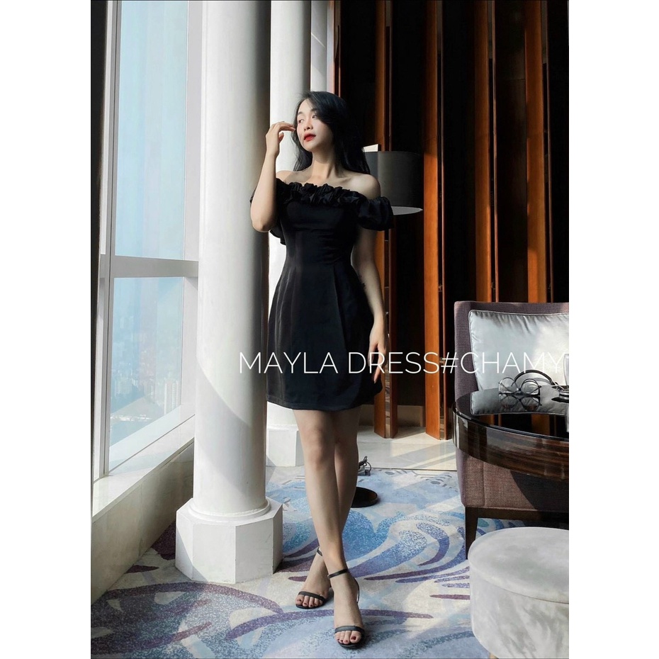 [ Miễn phí ship 2022 ] Đầm nữ công chúa dự tiệc, đầm đen trễ vai cổ bèo dáng ngắn quyến rũ, mặc siêu tôn dáng