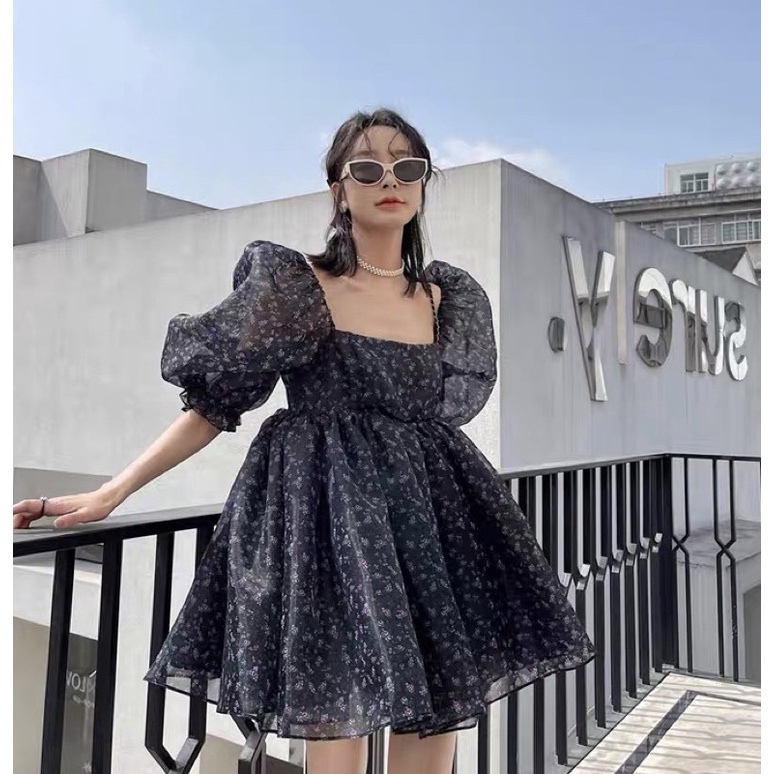 Đầm babydoll hoa nhí cổ vuông tay lở xinh xắn phong cách công chúa ulzzang Sam Sam Boutique