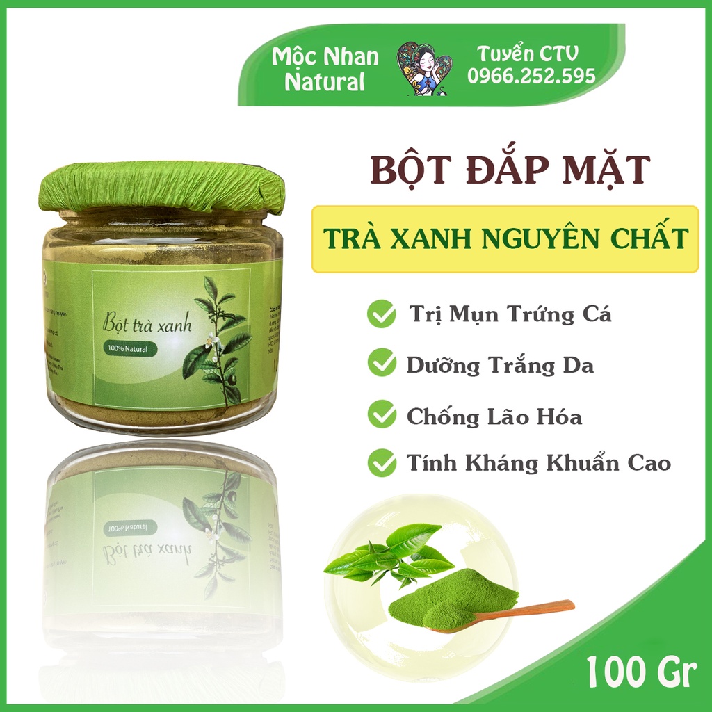 Bột Trà Xanh đắp mặt Mộc Nhan Handmade, trắng da hết mụn, Mộc Nhan Natural