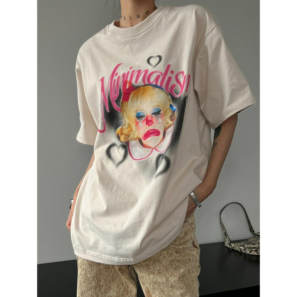 Áo Thun Nữ Tay Lửng Dáng Rộng In Hình Chú Hề Khóc Phong Cách Mới Mùa Hè 2023