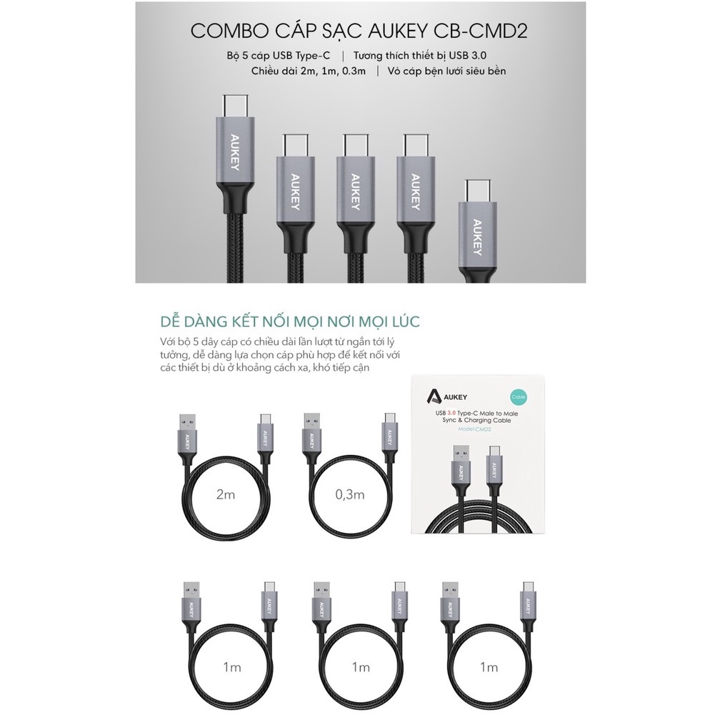 Cáp sạc nhanh AUKEY CB-CMD2 USB-A to USB-C QC 3.0 18W chuẩn USB 3.0 5Gbps