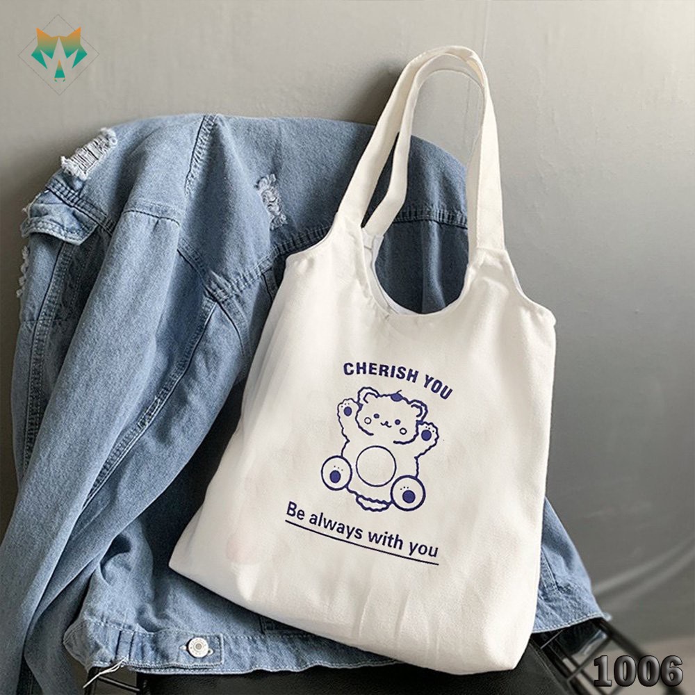 Túi Tote Trắng Chất Vải Canvas 1006 460 Gấu Cherish You Hàng Chuẩn Đẹp - Hazo