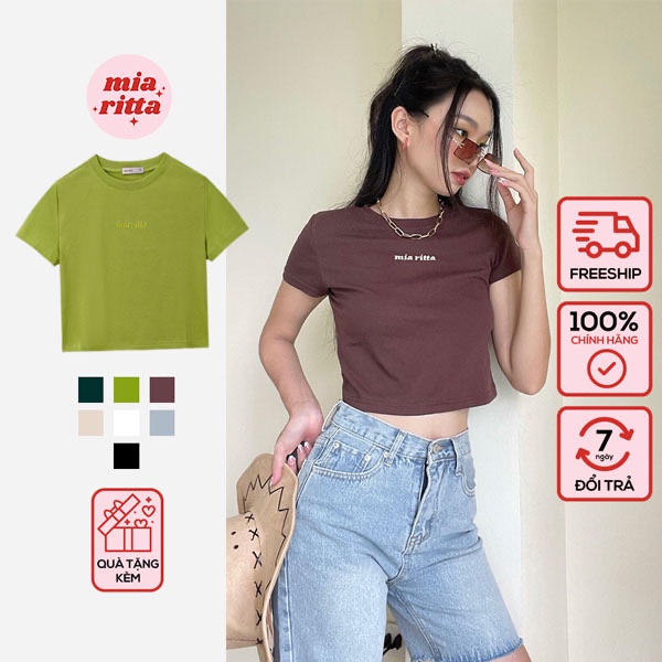 Áo croptop thun cộc tay thêu logo crop top ngắn tay dáng suôn Mia Ritta Baby Tee  A2089 ảnh thật