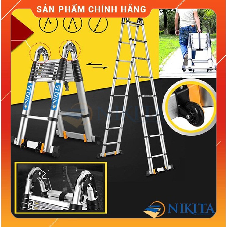 Thang nhôm rút đôi đa năng NIKITA có chân phụ chống trượt & bánh xe, BH 24 tháng