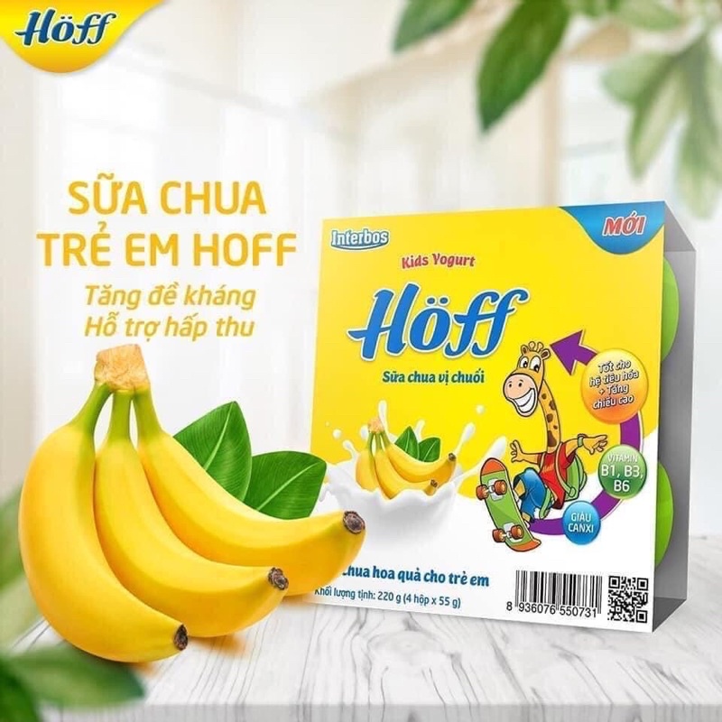 Sữa chua Hoff cho bé ăn dặm từ 6 tháng - tăng hấp thu -ổn định hệ tiêu hoá cho bé : vị Dâu , tự nhiên, táo, chuối .