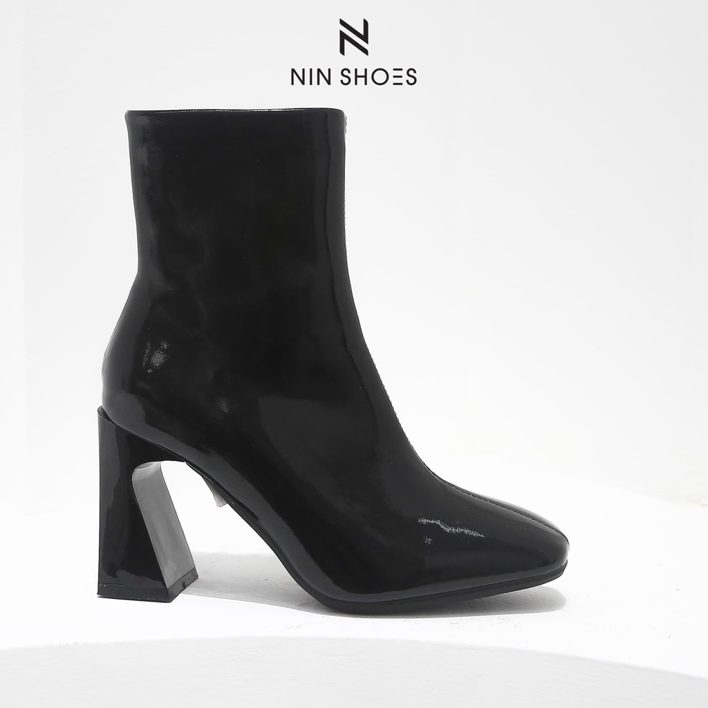 Giày bốt nữ - Boot cao cổ da bóng gót vuông 7 phân sang chảnh Ninshoes