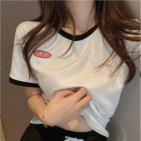 Áo Thun Cotton Tay Ngắn Hở Vai Phối Màu Tương Phản Thời Trang Hàn Quốc 2022 Cho Nữ