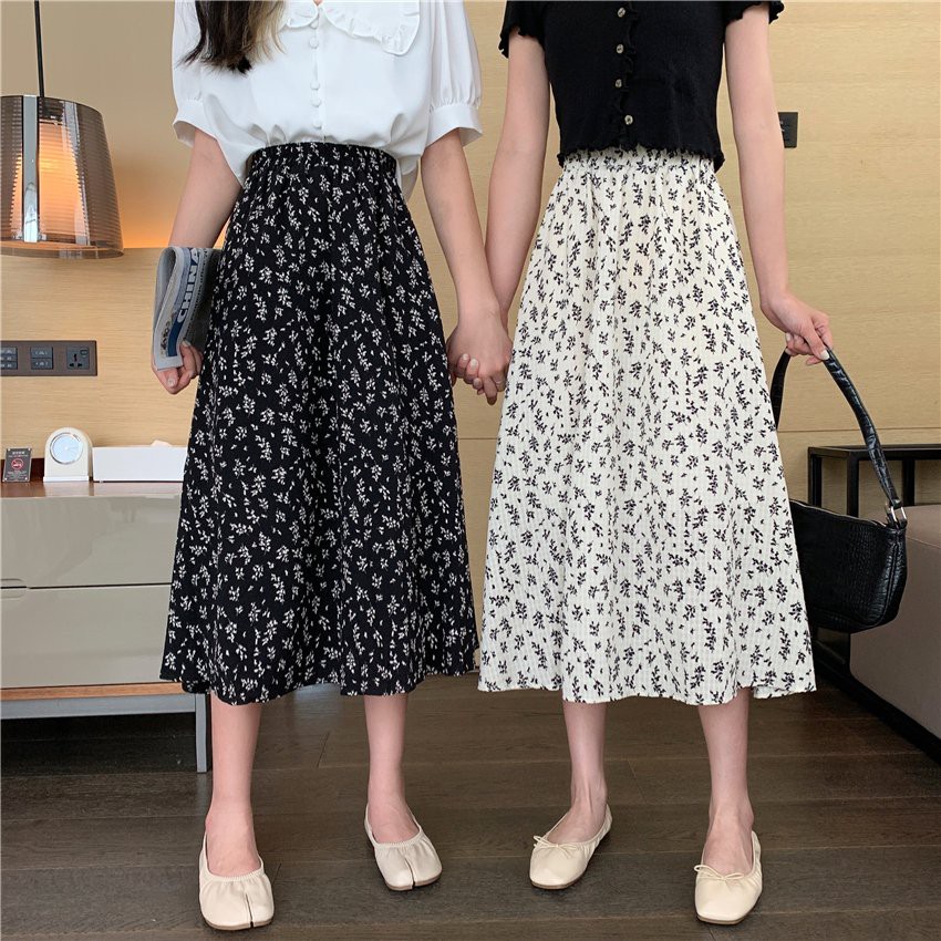 Chân Váy Hoa Nhí Quảng Châu Chất Liệu Voan Thun Chiều Dài 73cm - Chân Váy Dài Cạp Chun Quảng Châu CV20