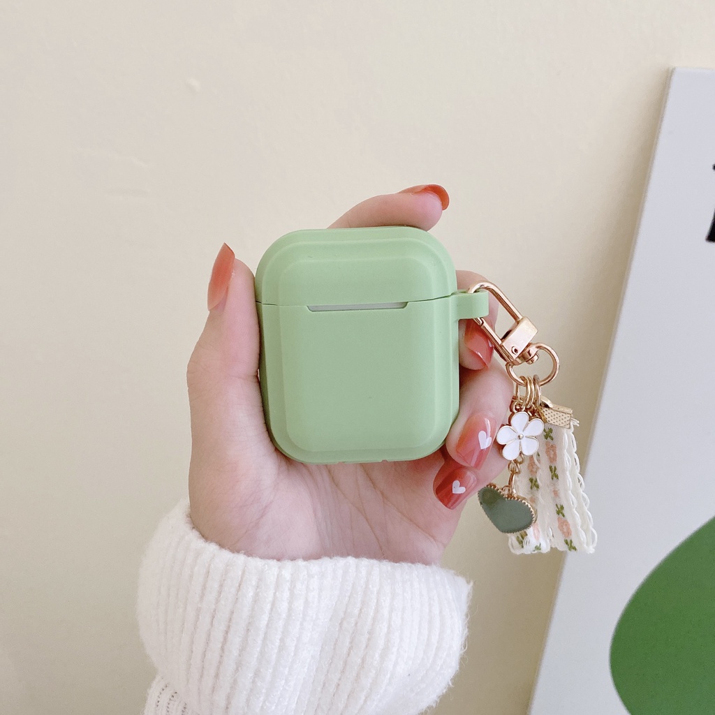 Vỏ Bảo Vệ Hộp Sạc Tai Nghe Airpod 1 2 3 pro Bằng tpu Mềm Hình Vuông Màu Xanh Matcha Phối Vải Họa Tiết Trái Tim