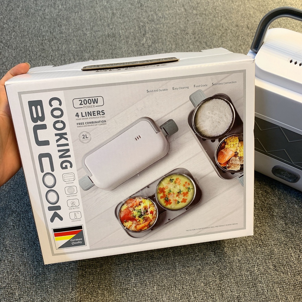 Hộp cơm cắm điện văn phòng Hộp đựng cơm giữ nhiệt hâm nóng 2 tầng 4 ngăn inox có quai xách