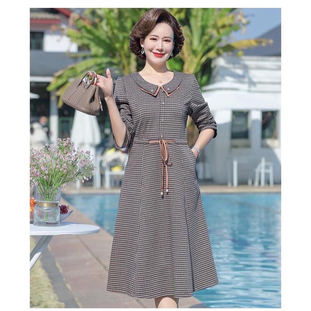 đầm trung niên sọc caro cao cấp ( thời trang trung niên lolita xinh) LP07-322