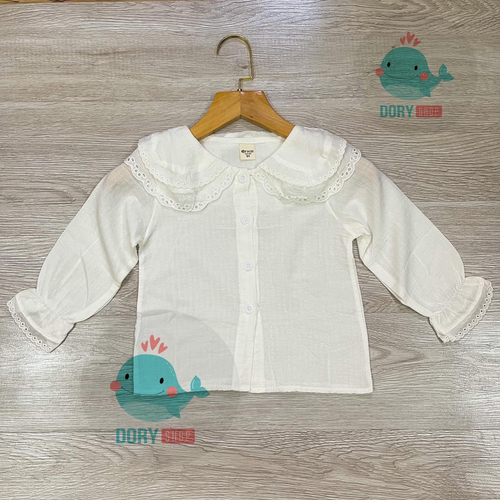 Áo sơ mi trắng dài tay cổ sen sơ mi cổ bèo thêu hoa cho bé gái chất thô mềm