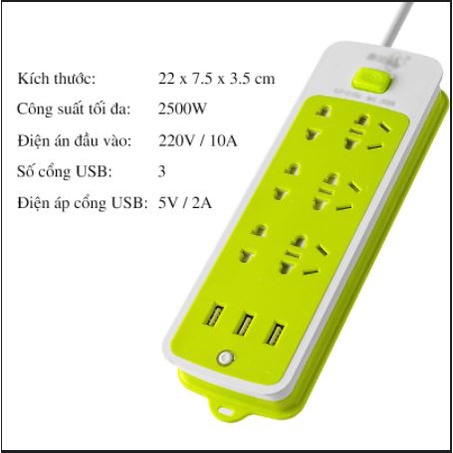 Ổ cắm điện đa năng 3 lỗ 2 chấu, 3 lỗ 3 chấu kèm 3 cổng sạc USB tiêu chuẩn