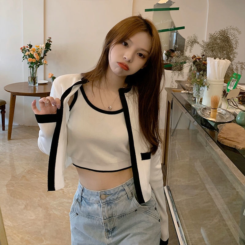 Set Áo Hai Dây + Áo Khoác Cardigan Dài Tay Thiết Kế Mới Thời Trang Mùa Thu Theo Phong Cách Hàn Quốc