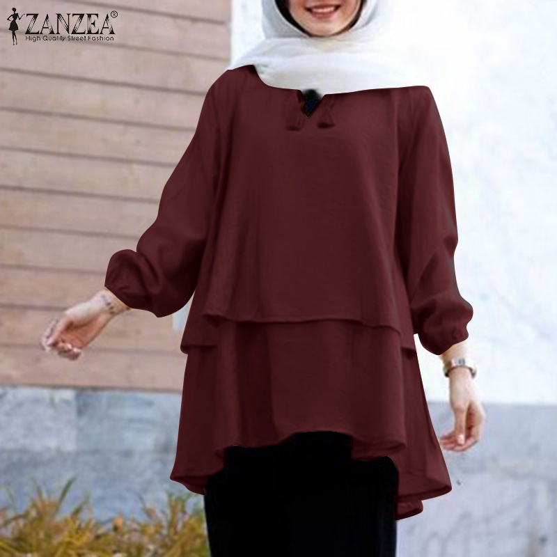 Áo kiểu nữ ZANZEA cổ chữ V tua rua hai lớp màu trơn cho phụ nữ hồi giáo
