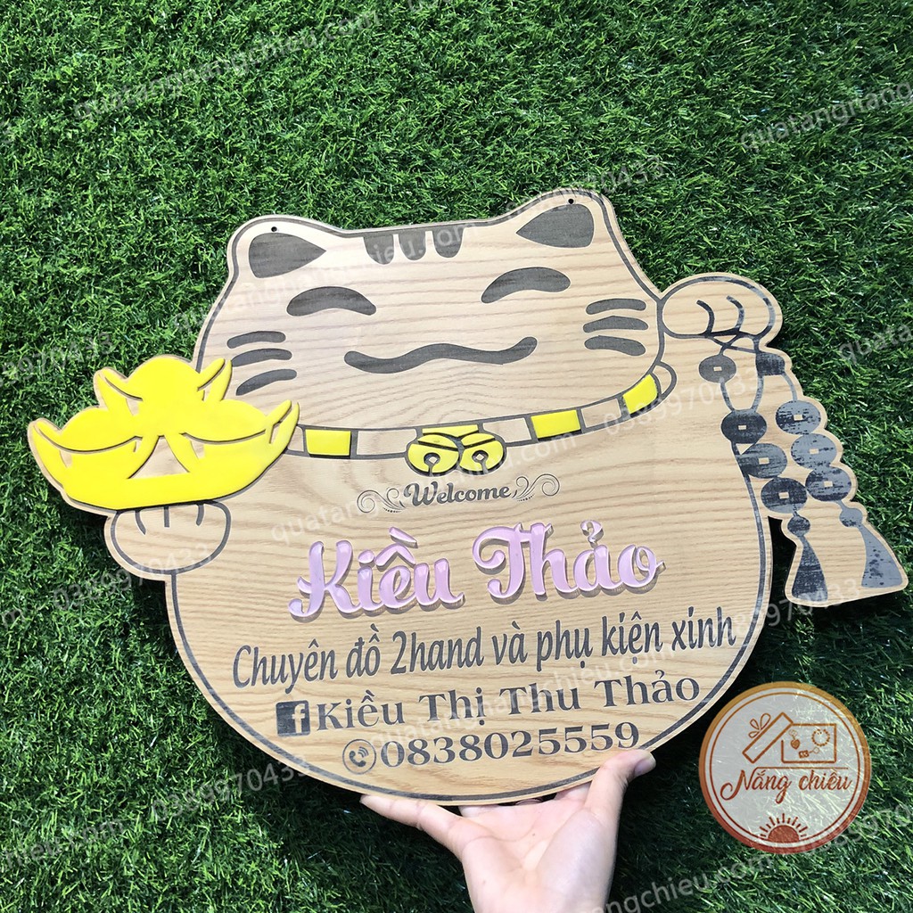 Bảng gỗ mèo thần tài may mắn_ Bảng treo trước cửa hàng_ bảng hiệu bán hàng online_ bảng hiệu xinh giá rẻ