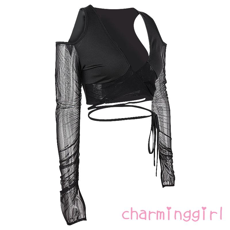 ◕‿◕Áo Croptop Tay Dài Cổ Chữ V Màu Sắc Trơn Thiết Kế Đơn Giản Thời Trang Dành Cho Nữ