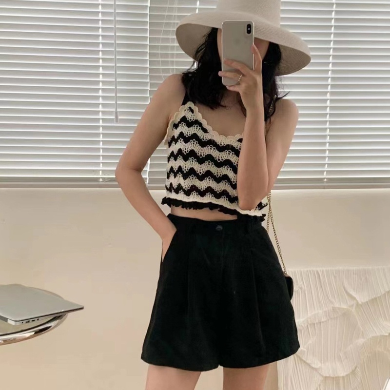 Áo Croptop Dệt Kim Không Tay Cổ Chữ V Ôm Dáng Họa Tiết Kẻ Sọc Phong Cách Pháp Thời Trang Mùa Hè Cho Nữ
