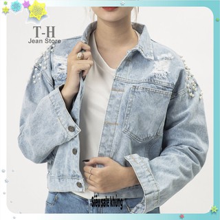 Áo khoác jean nữ  vai đính ngọc cao cấp, áo khoác bò nữ thiết kế trẻ trung, cá tính AKG15 tien__shop8