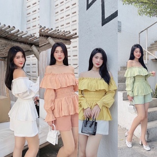 Set áo trễ vai nhúm bèo phối quần short ngắn màu trắng cam vàng xanh xinh lung linh (ST06)