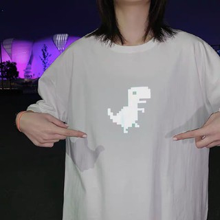 Áo thun phản quang hình KHỦNG LONG Unisex, áo phông nam nữ đen trắng from rộng, vải cotton xịn