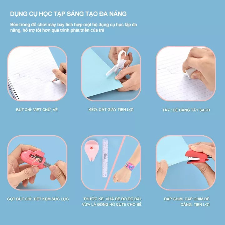 set dụng cụ học tập 7 món hình máy bay dễ thương cho bé gồm bút chì, gọt bút chì, cục tẩy, kéo cắt, thước kẻ,hộp bútTE24