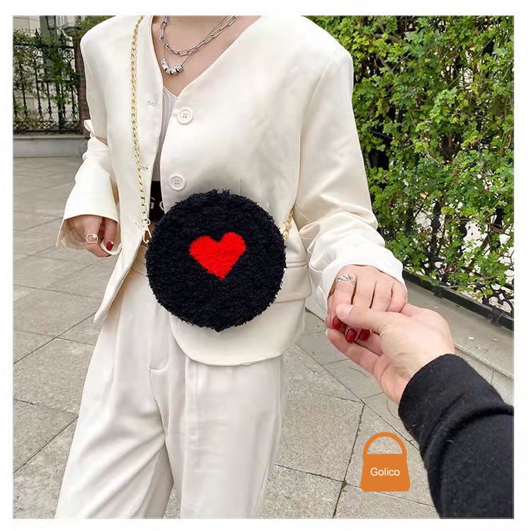 Tự đan handmade thời trang len xù phối trái tim diy túi
