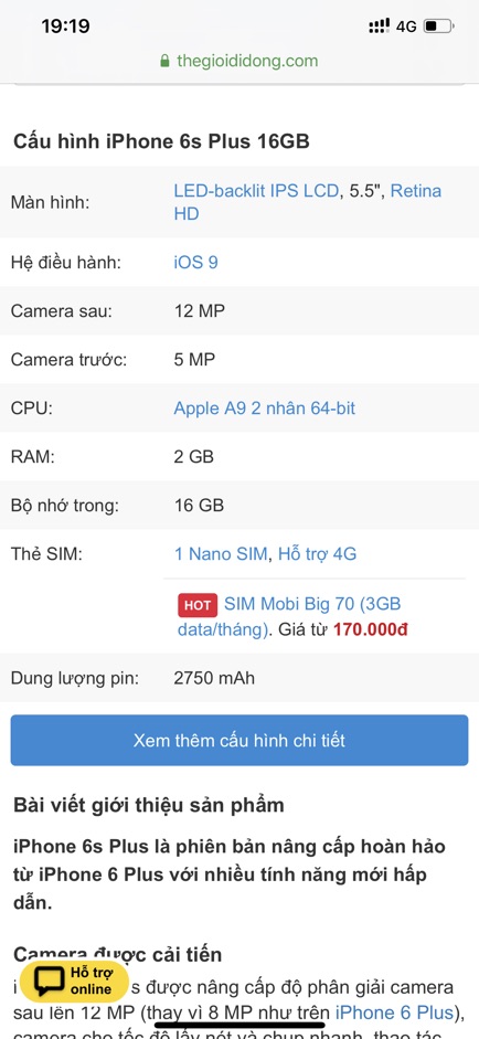 Điện Thoại Apple Iphone 6s plus ( 2GB/16GB ). Hàng cũ đẹp 90-95% . Bản mất vân tay .