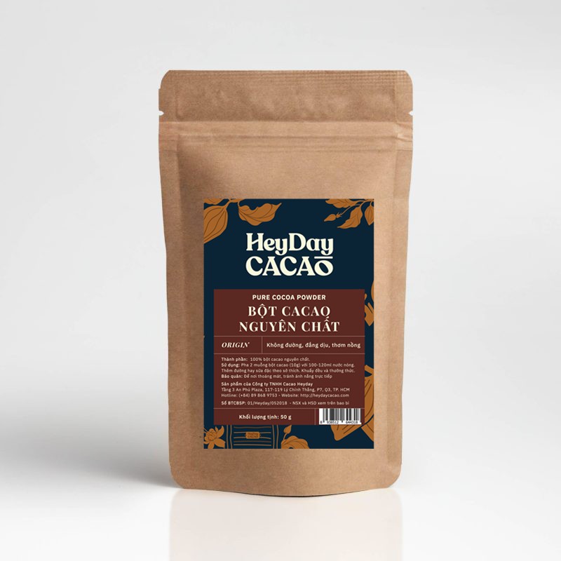 Túi 50g Bột cacao nguyên chất 100% không đường Heyday - Dòng Origin thượng hạng - Chuẩn UTZ Quốc Tế