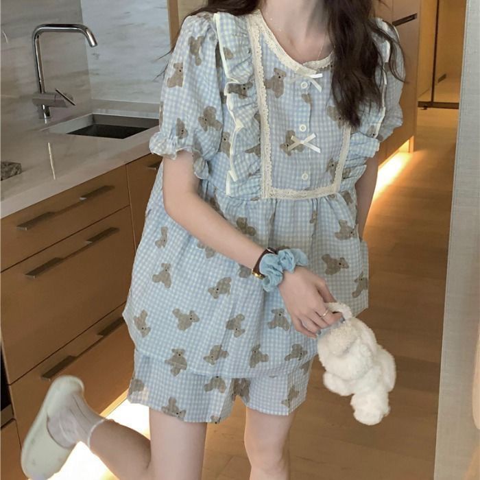 Bộ Đồ Ngủ Áo Tay Ngắn Và Quần Short Họa Tiết Kẻ Ô Nơ Phong Cách Hàn Quốc Dành Cho Nữ
