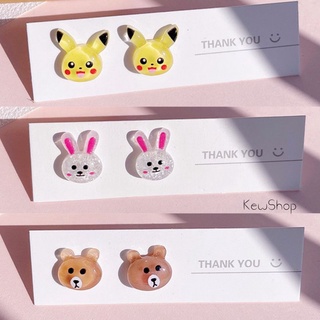 Bông tai bạc hình gấu brown, thỏ cony, pikachu/ khuyên tai hình con vật gấu nâu, thỏ trắng, pikachu vàng