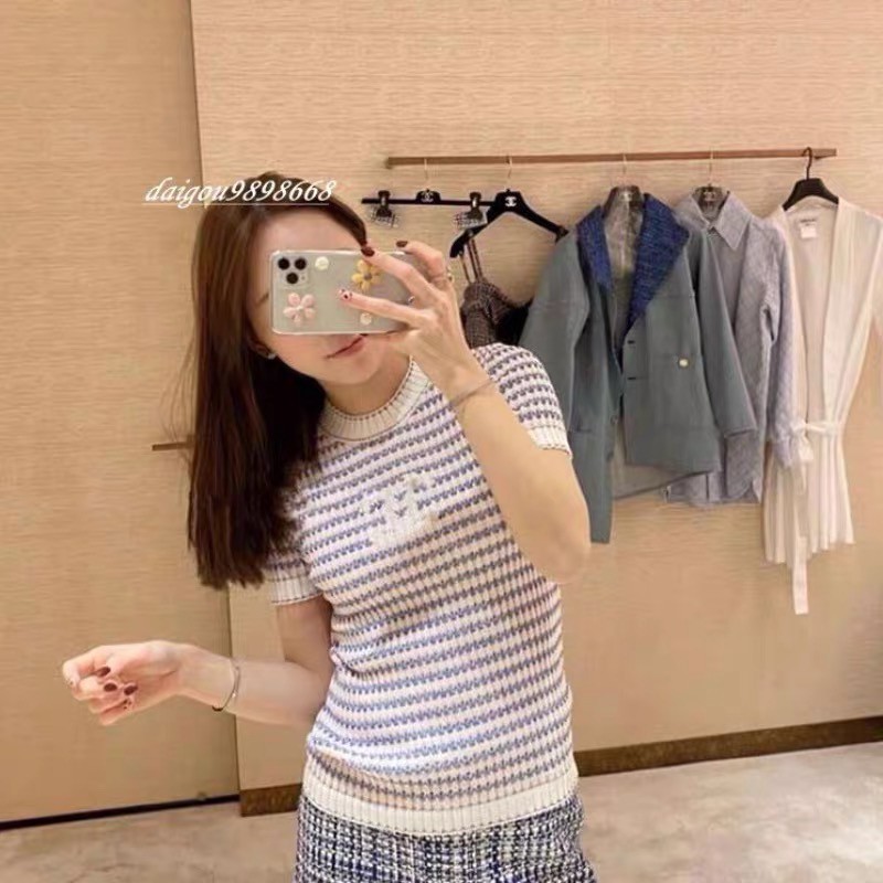 Freezia retro women knit stripe short sleeve T shirt wool clothing top