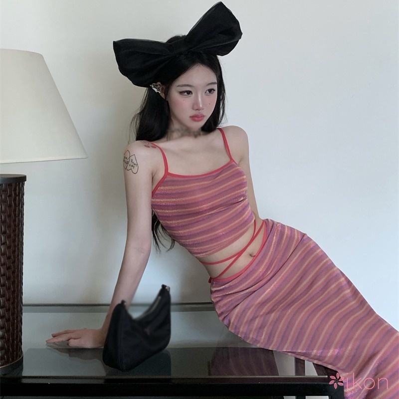 Set Áo Dây Hở Vai + Chân Váy Sọc Ngang Thời Trang Nữ