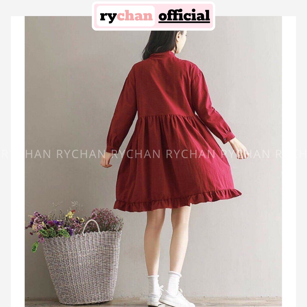 DX499 - Đầm Xòe Đi Chơi Babydoll Đỏ Phối Nơ Cổ Tay Dài