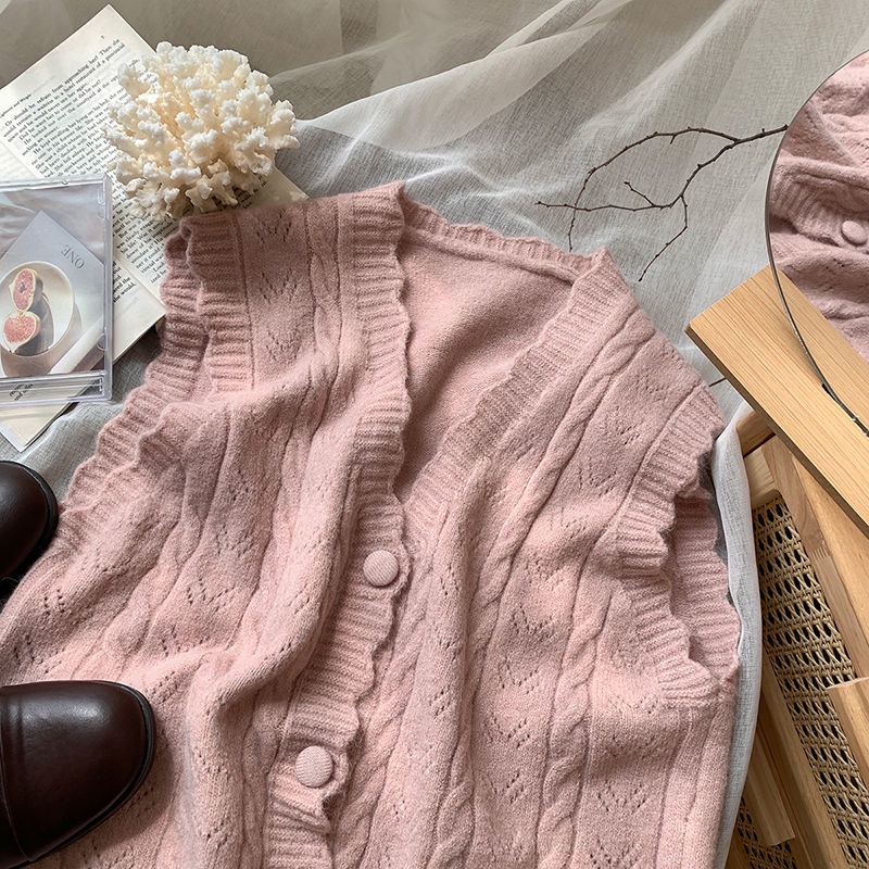 Áo Khoác cardigan Dệt Kim Không Tay Dáng Rộng Cổ Chữ V Phong Cách retro Hàn Quốc