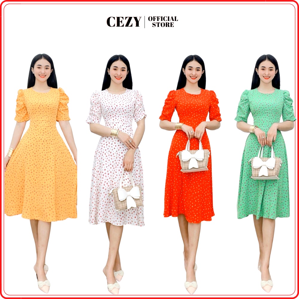 Đầm hoa cổ tròn tay phồng dáng xòe có size bigsize D45