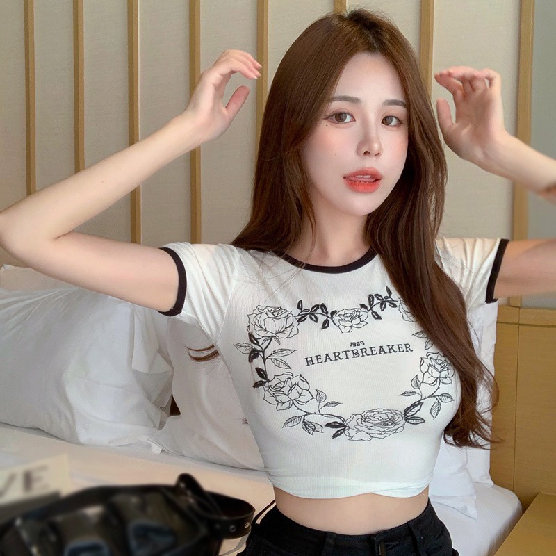 Áo Thun Lửng Tay Ngắn Cổ Tròn In Họa Tiết Dành Cho Nữ