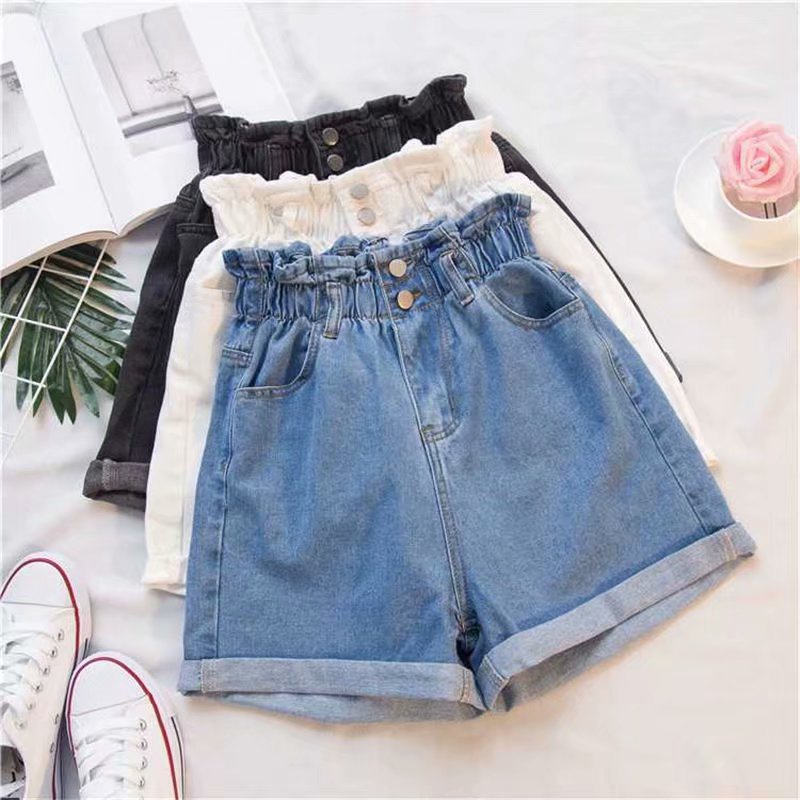 Quần Short Jean Lưng Cao Co Giãn Phối Bèo Màu Đen/Trắng Size Lớn 5XL Thời Trang Mùa Hè Cho Nữ