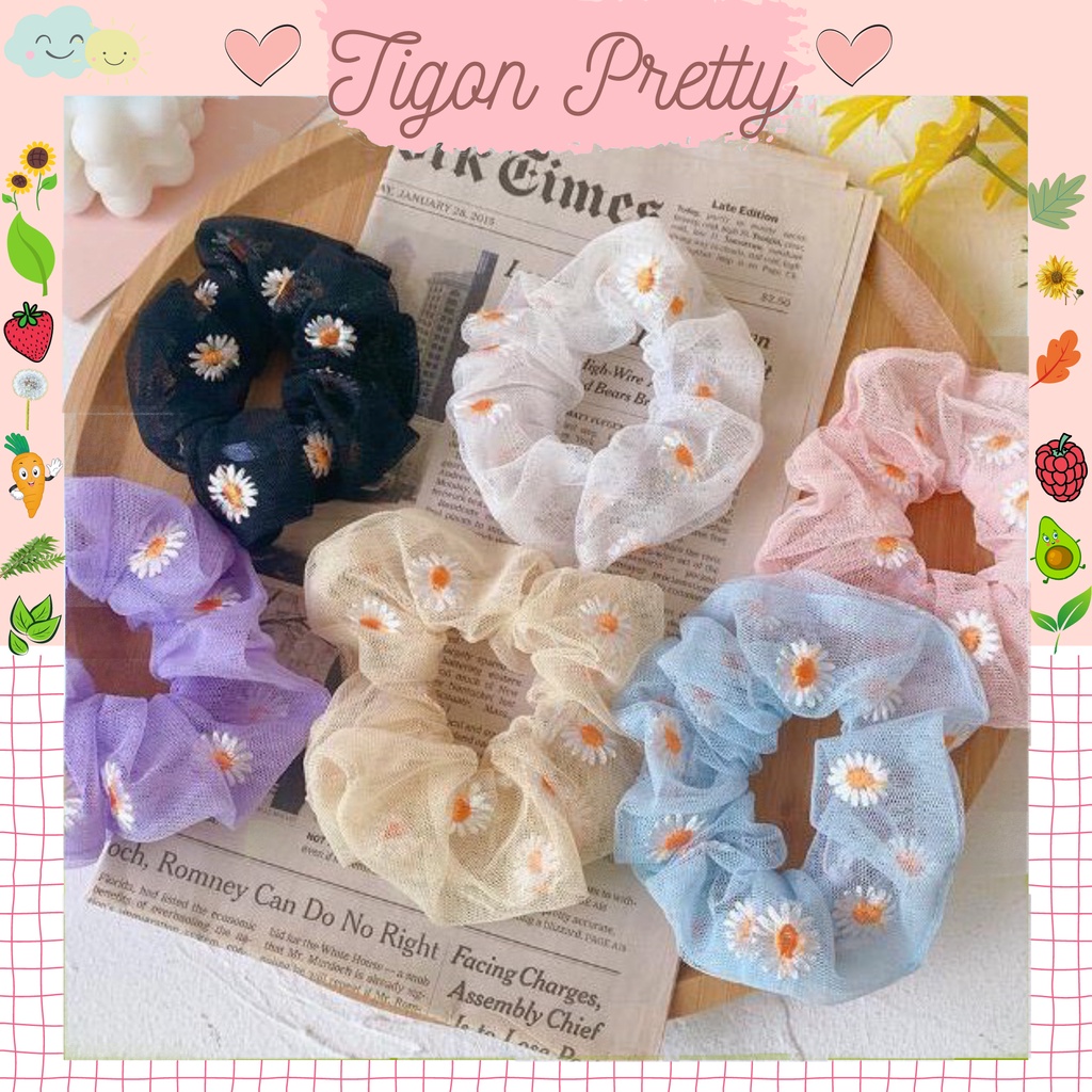 Dây buộc tóc Scrunchies thêu hoa cúc dạng lưới cho nữ cực xinh