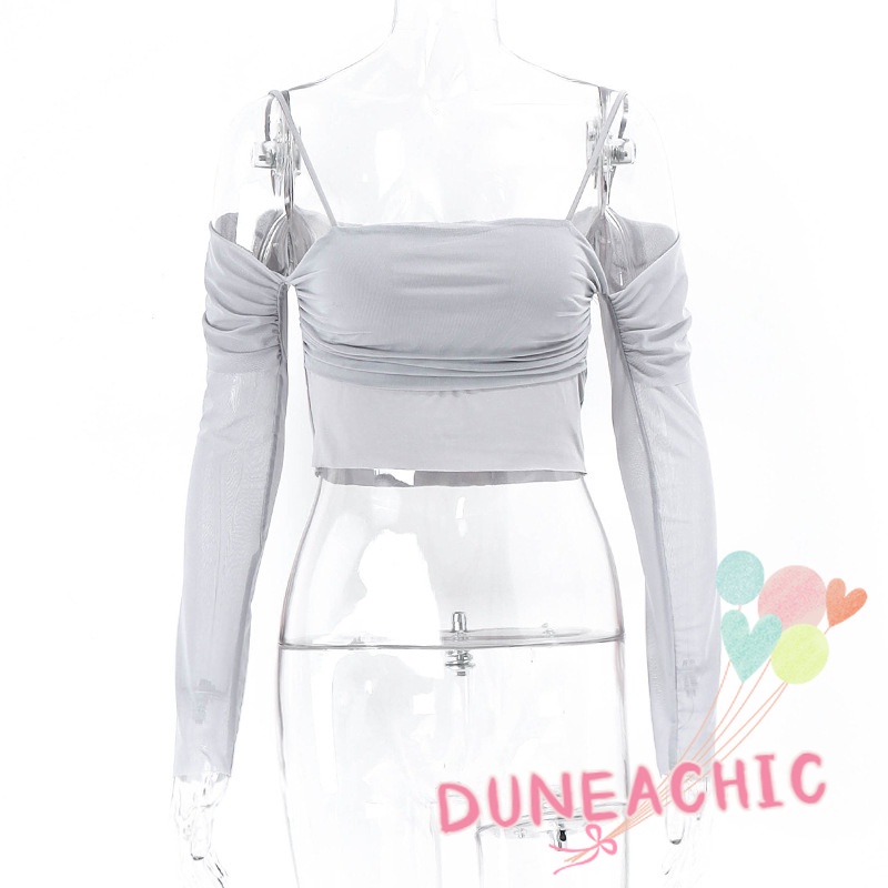 DUNEA Áo Croptop Tay Dài Trễ Vai Phối Lưới Phong Cách Quyến Rũ