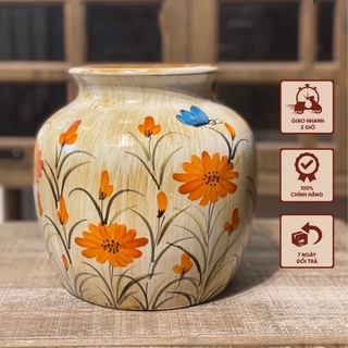 Bình gốm Bát Tràng cắm hoa vẽ tay thủ công họa tiết hoa cúc đẹp tinh tế nền men trắng khử cao cấp - Thảo Nghị Ceramics