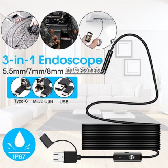 Camera 3in1 Endoscope 8mm dài 2m