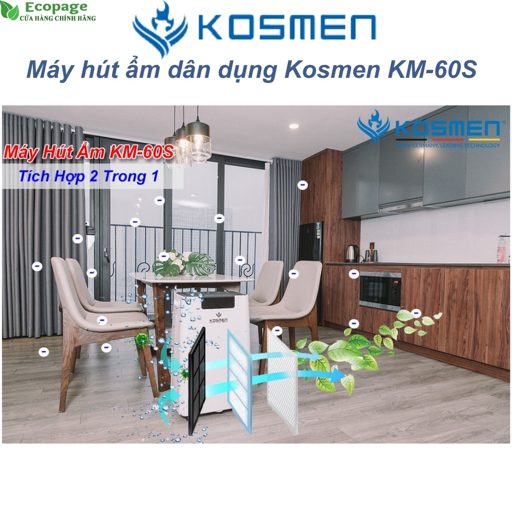 Máy hút ẩm, máy lọc không khí chính hãng Kosmen KM-60S, dung tích 7L, thông minh, đa năng, BH 24 tháng
