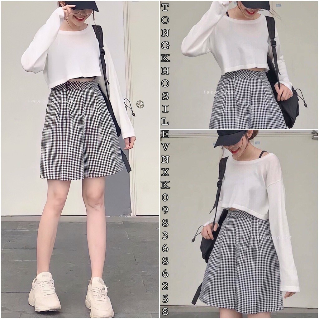 Set Nữ Áo Croptop Trắng Kèm Quần Short Caro Kẻ Ô - Bộ Nữ Áo Ngắn Tay Dài Kèm Quần Đùi Ống Rộng Kẻ